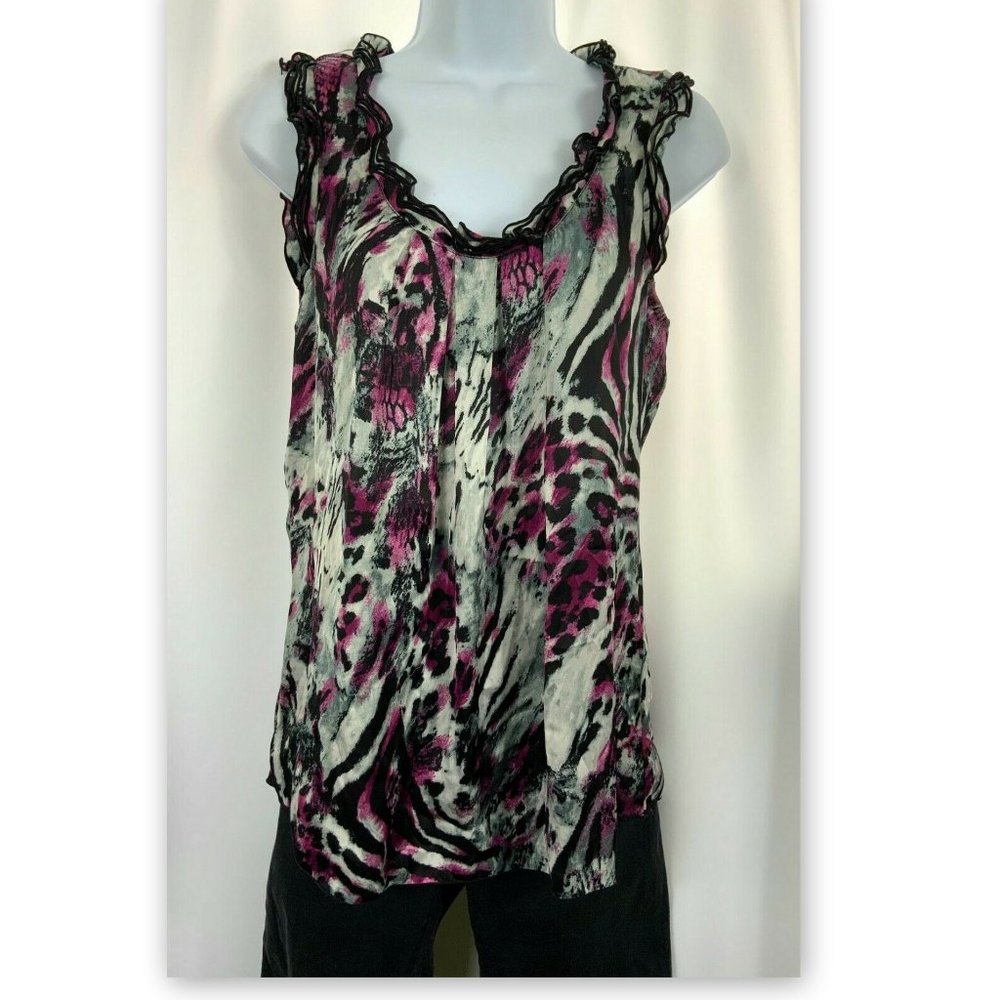 LARRY LEVINE Womens Size Medium Purple Black Zebra Tiger Sleeveless BLOUSE Top